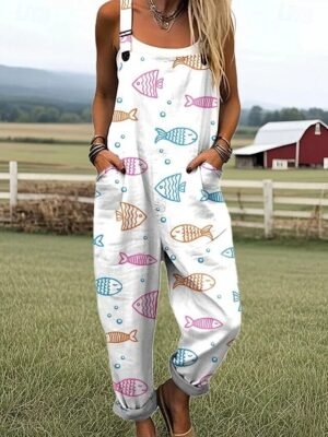 Active Loose Animal Sleeveless Pocket Wide Leg Jumpsuit - Image 2