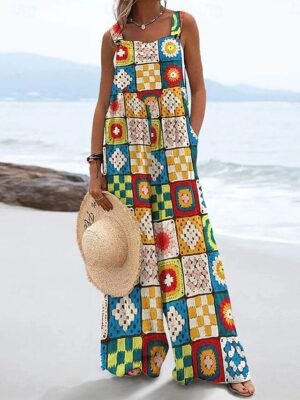 Active Loose Fit Floral Sleeveless Wide Leg Jumpsuit - Image 7