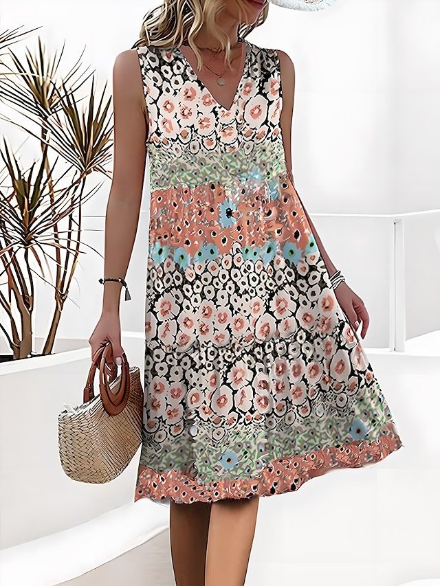 Active Loose Fit Floral Strap V Neck Sleeveless Midi Dress - Image 1