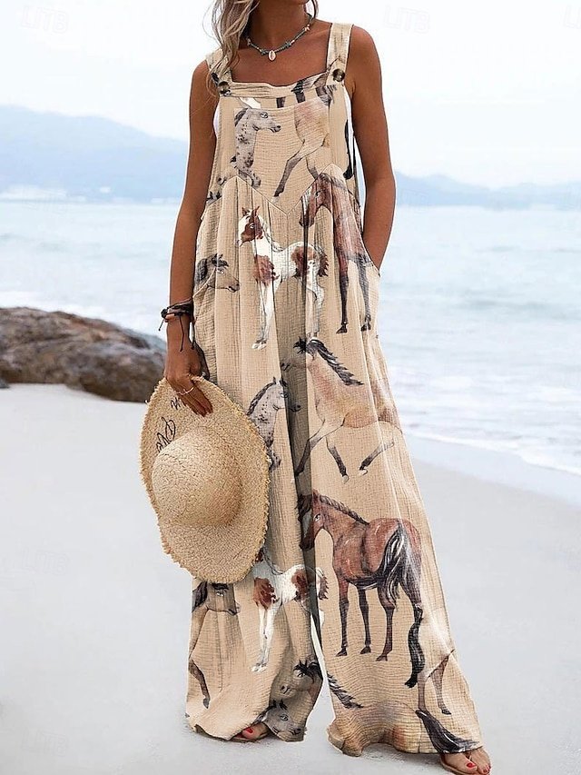 Active Loose Fit Graphic Sleeveless Wide Leg Dungarees - Image 1