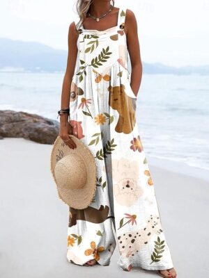 Active Loose Fit Graphic Sleeveless Wide Leg Dungarees - Image 3