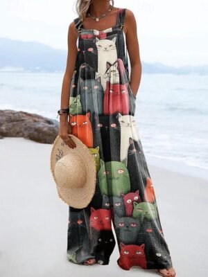 Active Loose Fit Graphic Sleeveless Wide Leg Summer Dungarees - Image 4