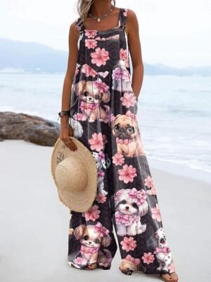 Active Loose Fit Graphic Sleeveless Wide Leg Dungarees - Image 4