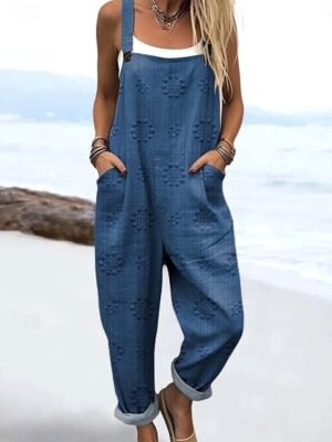 Active Loose Floral Sleeveless Drawstring Vacation Dungarees - Image 1