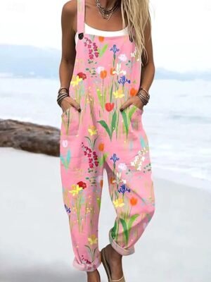 Active Loose Floral Sleeveless Drawstring Harem Dungarees - Image 1