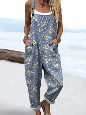 Active Loose Floral Sleeveless Drawstring Summer Dungarees - Image 1