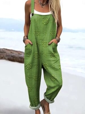 Active Loose Floral Sleeveless Drawstring Vacation Dungarees - Image 2