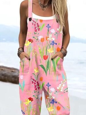 Active Loose Floral Sleeveless Drawstring Harem Dungarees - Image 2