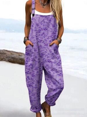 Active Loose Floral Sleeveless Drawstring Summer Dungarees - Image 2