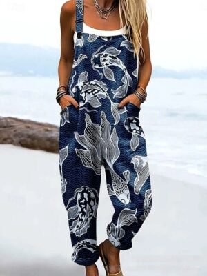 Active Loose Floral Sleeveless Drawstring Dungarees - Image 3