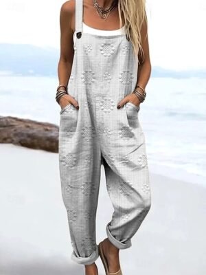 Active Loose Floral Sleeveless Drawstring Vacation Dungarees - Image 3