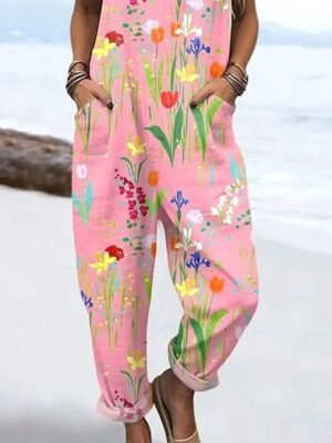 Active Loose Floral Sleeveless Drawstring Harem Dungarees - Image 3