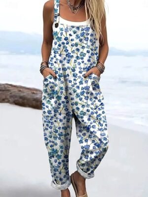 Active Loose Floral Sleeveless Drawstring Summer Dungarees - Image 3