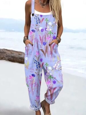 Active Loose Floral Sleeveless Drawstring Harem Dungarees - Image 4