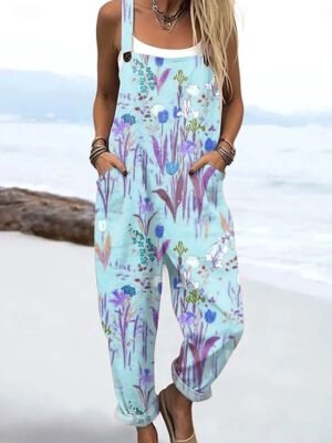 Active Loose Floral Sleeveless Drawstring Harem Dungarees - Image 5