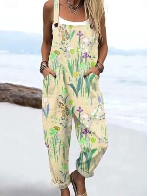 Active Loose Floral Sleeveless Drawstring Harem Dungarees - Image 6