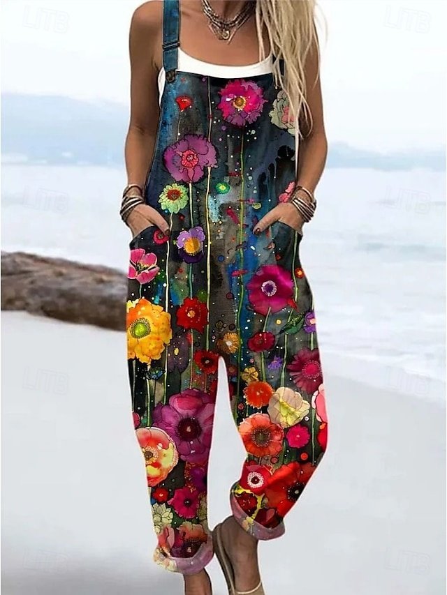 Active Loose Floral Sleeveless Harem Dungarees - Image 1