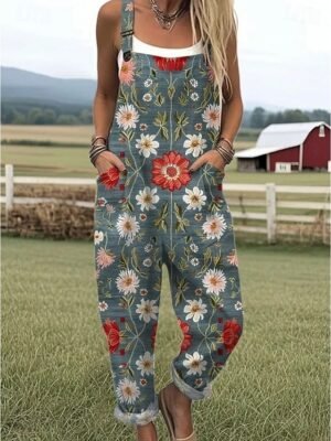 Active Loose Floral Sleeveless Harem Dungarees - Image 3