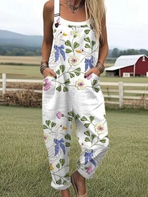 Active Loose Floral Sleeveless Harem Pocket Dungarees - Image 2