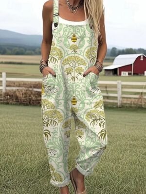 Active Loose Floral Sleeveless Harem Pocket Dungarees - Image 3