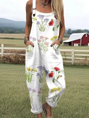 Active Loose Floral Sleeveless Harem Pocket Dungarees - Image 4