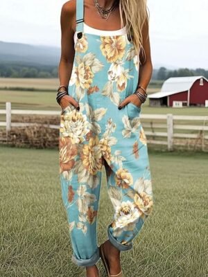 Active Loose Floral Sleeveless Straight Dungarees - Image 1