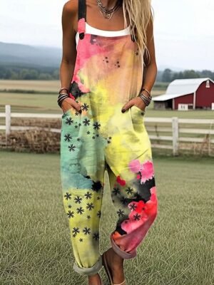 Active Loose Floral Sleeveless Straight Summer Dungarees - Image 1
