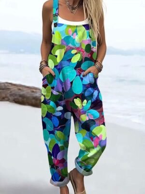 Active Loose Floral Sleeveless Straight Jumpsuit - Image 1
