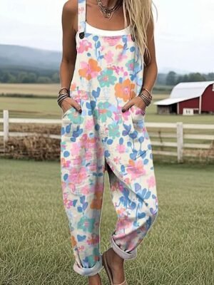 Active Loose Floral Sleeveless Straight Summer Dungarees - Image 2