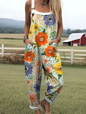 Active Loose Floral Sleeveless Straight Jumpsuit - Image 2