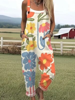 Active Loose Floral Sleeveless Straight Summer Dungarees - Image 3