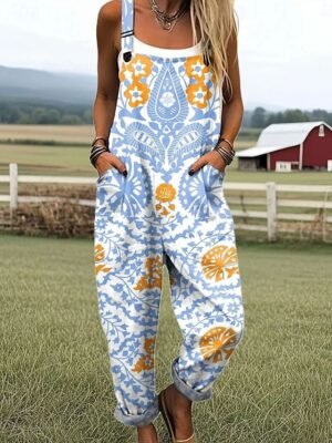 Active Loose Floral Sleeveless Straight Dungarees - Image 4