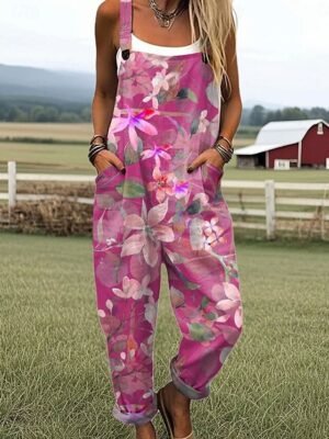 Active Loose Floral Sleeveless Straight Summer Dungarees - Image 4