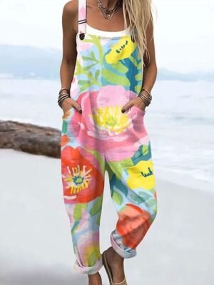 Active Loose Floral Sleeveless Straight Jumpsuit - Image 4
