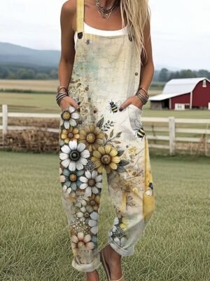 Active Loose Floral Sleeveless Straight Summer Dungarees - Image 5
