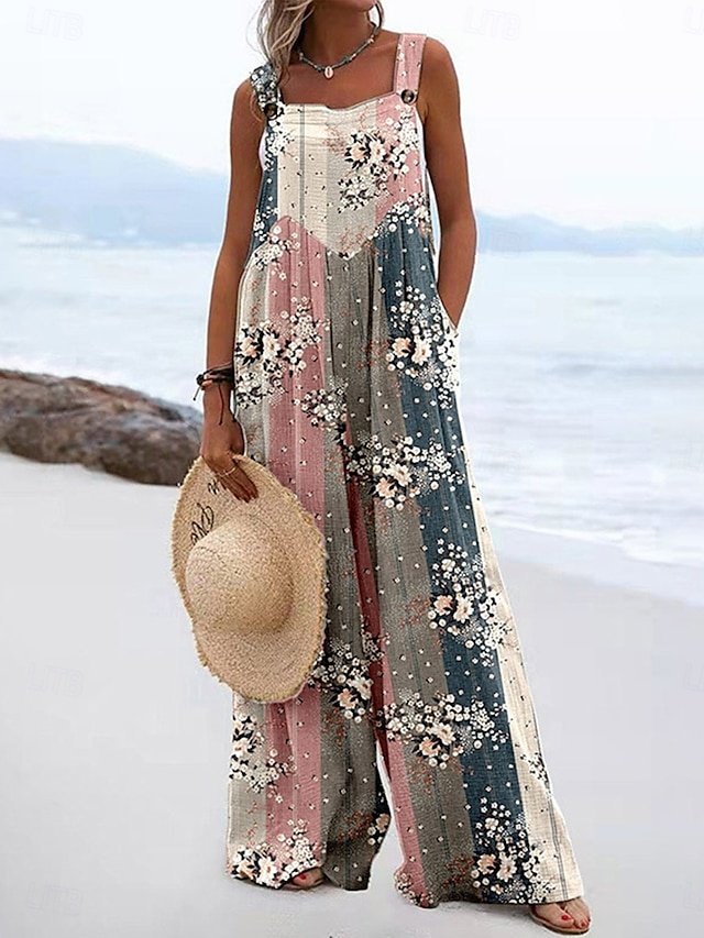 Active Loose Floral Sleeveless Wide Leg Dungarees - Image 1