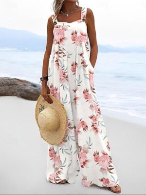 Active Loose Floral Sleeveless Wide Leg Dungarees - Image 2
