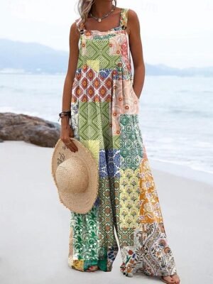 Active Loose Floral Sleeveless Wide Leg Dungarees - Image 3