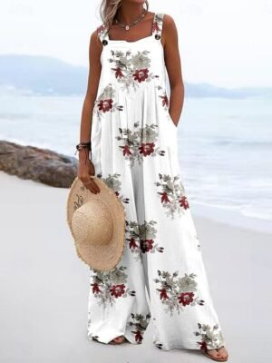 Active Loose Floral Sleeveless Wide Leg Dungarees - Image 3
