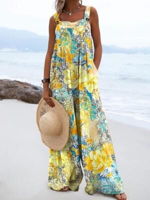 Active Loose Floral Sleeveless Wide Leg Dungarees - Image 4