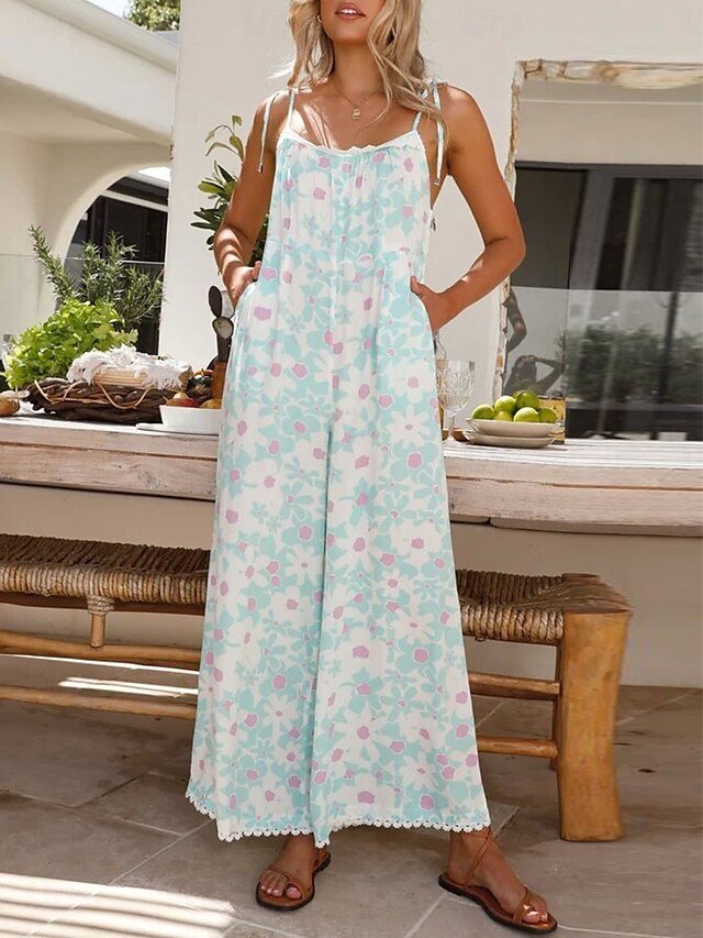 Active Loose Floral U Neck Sleeveless High Waist Jumpsuit - Image 2