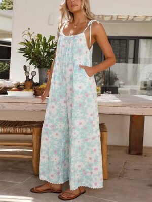 Active Loose Floral U Neck Sleeveless High Waist Jumpsuit - Image 4