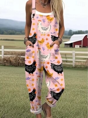 Active Loose Graphic Sleeveless Button Summer Romper - Image 3