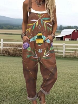 Active Loose Graphic Sleeveless Button Summer Romper - Image 5