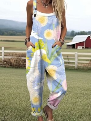 Active Loose Graphic Sleeveless Straight Dungarees - Image 4