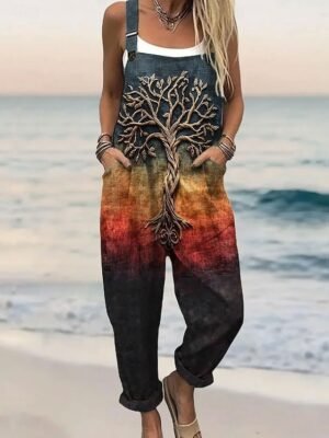 Active Loose Print Sleeveless Vacation Dungarees - Image 1