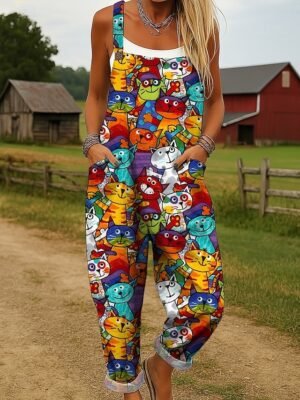 Active Loose Print Sleeveless Wide Leg Dungarees - Image 1