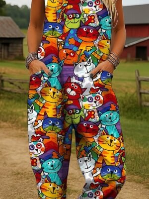 Active Loose Print Sleeveless Wide Leg Dungarees - Image 3