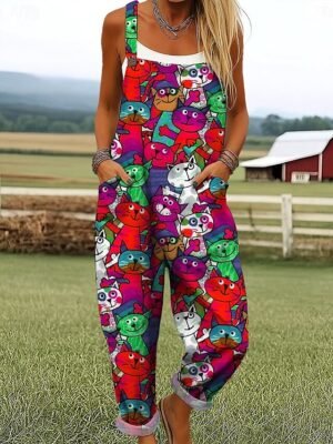 Active Loose Print Sleeveless Wide Leg Dungarees - Image 5