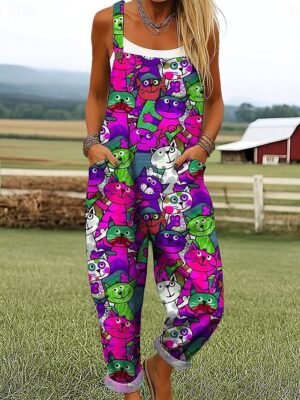 Active Loose Print Sleeveless Wide Leg Dungarees - Image 7